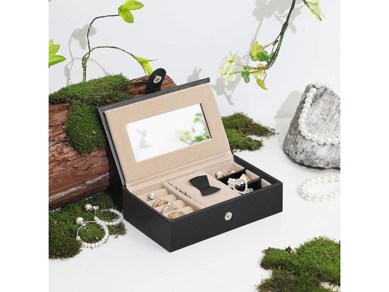Songmics Schmuckschatulle mit 3 Ebenen, Schwarz, Kunstleder Schmuckbox abschliessbar