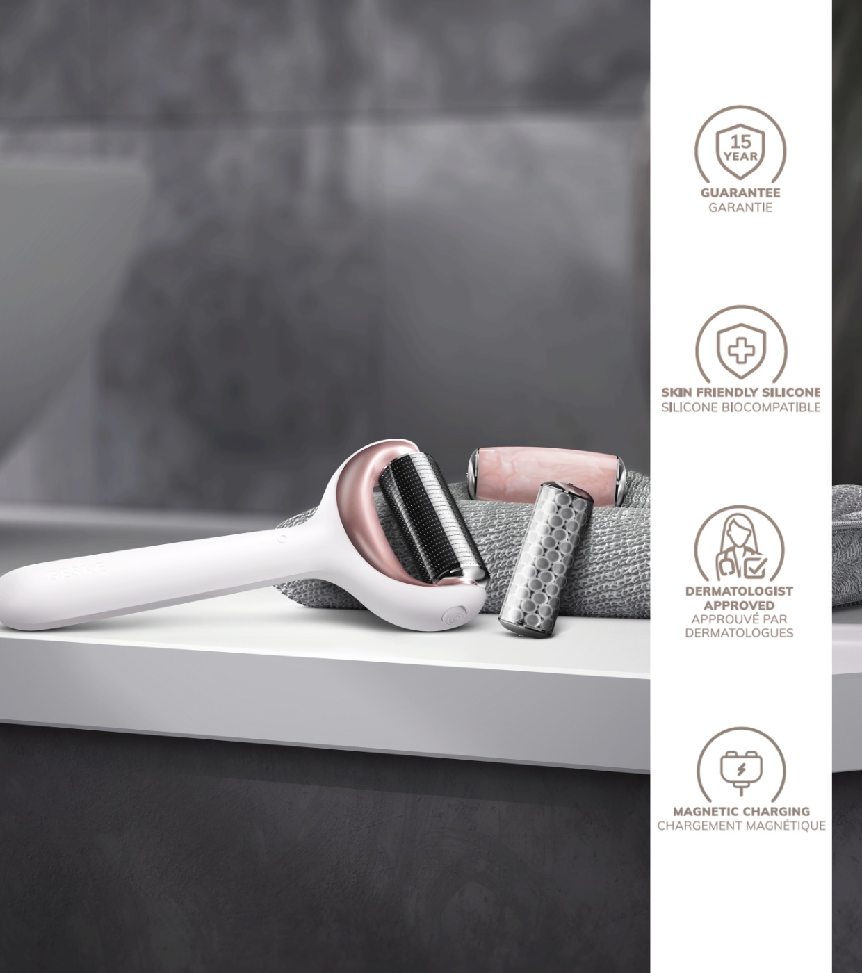 GESKE - Rolo facial e corporal com microagulhas 9 em 1 - Ouro Rosa Branco