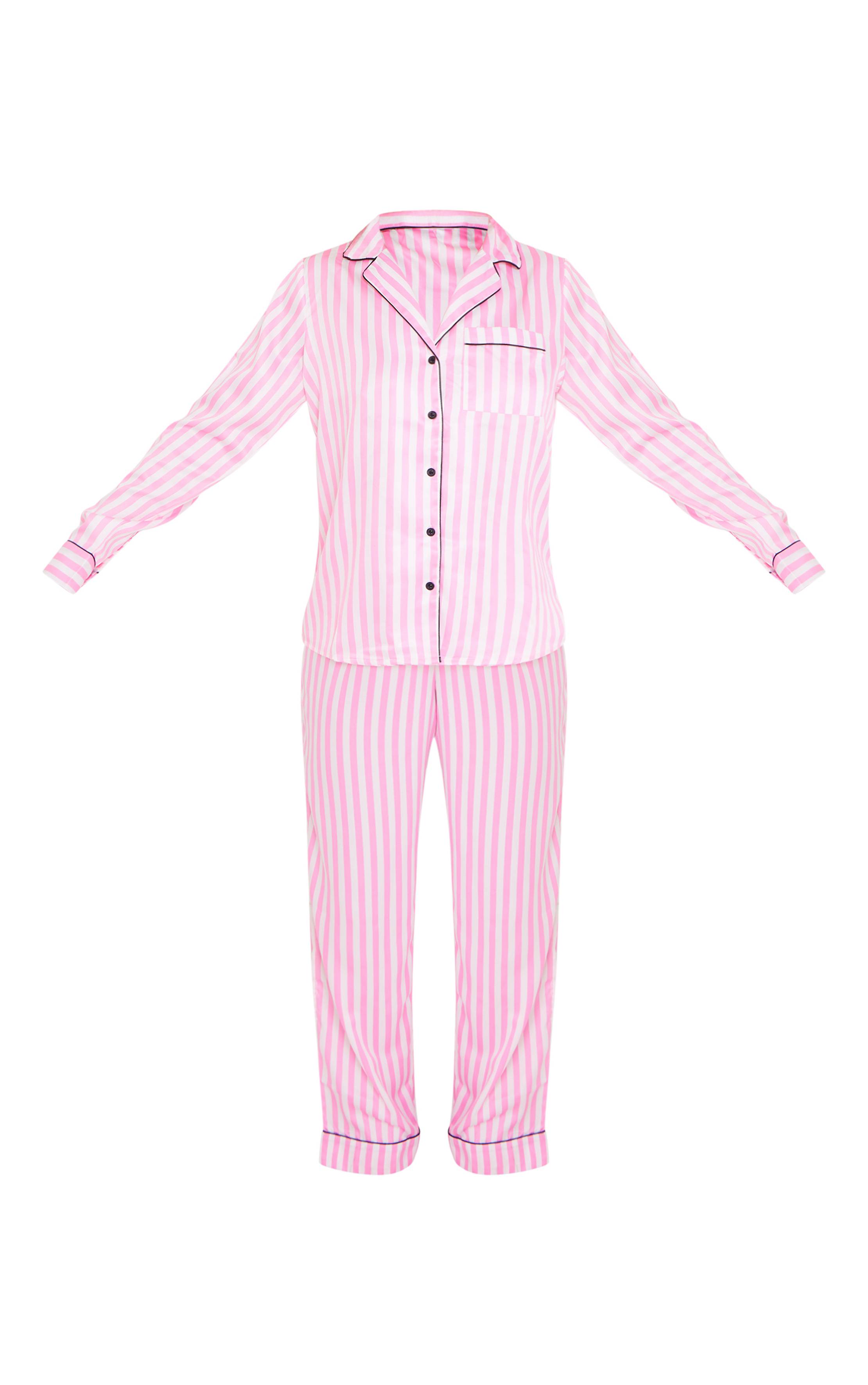 Rose Ensemble Pyjama Long En Satin À Imprimé Rayé Et Passepoil Contrasté