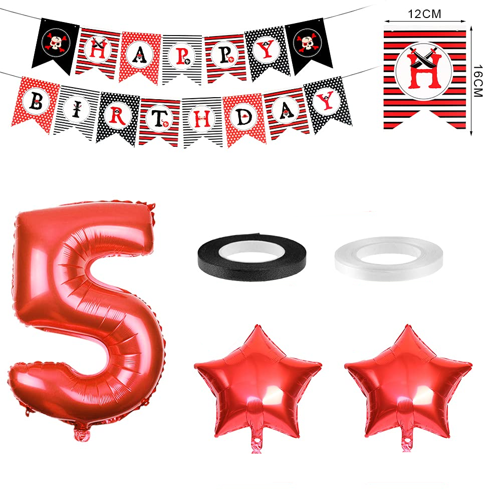 (36-tlg. Set) Zahlen Ballon Kinder Geburtstags Party Folienballon inkl. Latex Luftballon   Happy Birthday Girlande - Zahl 5 / Pirat