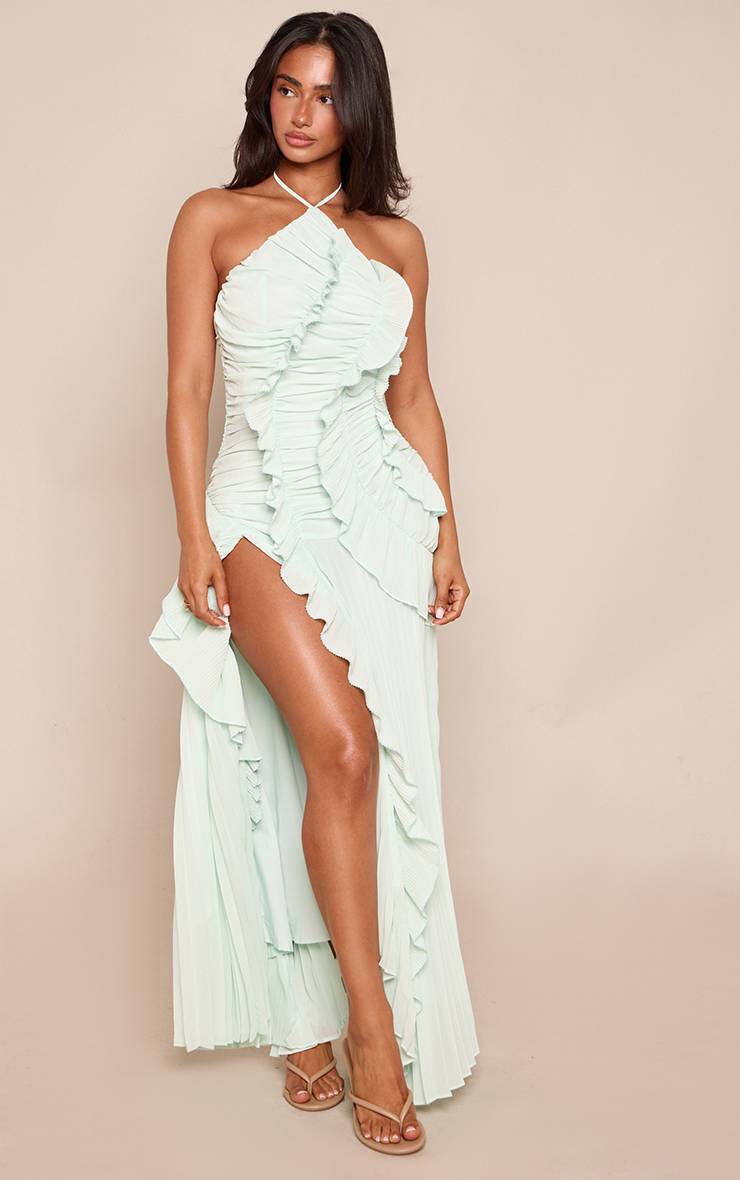 Vert Sauge Robe Maxi Plissée À Volants Et Col Licou Petite