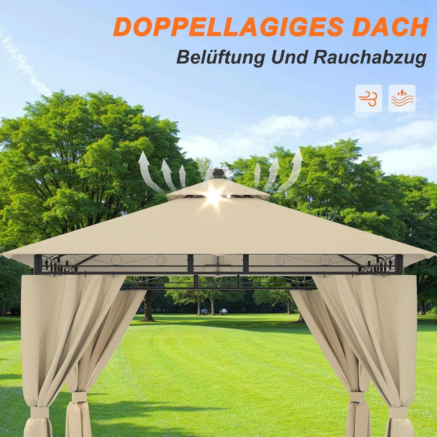 Devoko Garden Pavillon 3x3 Wasserdicht Stabil Winterfest Deluxe Gazebo, UV-Schutz 50+ Doppellagiges Grilpavillons mit seitenwänden für 4-8 Personen, Partyzelt für Freizeit, Partys, Beige mit LED