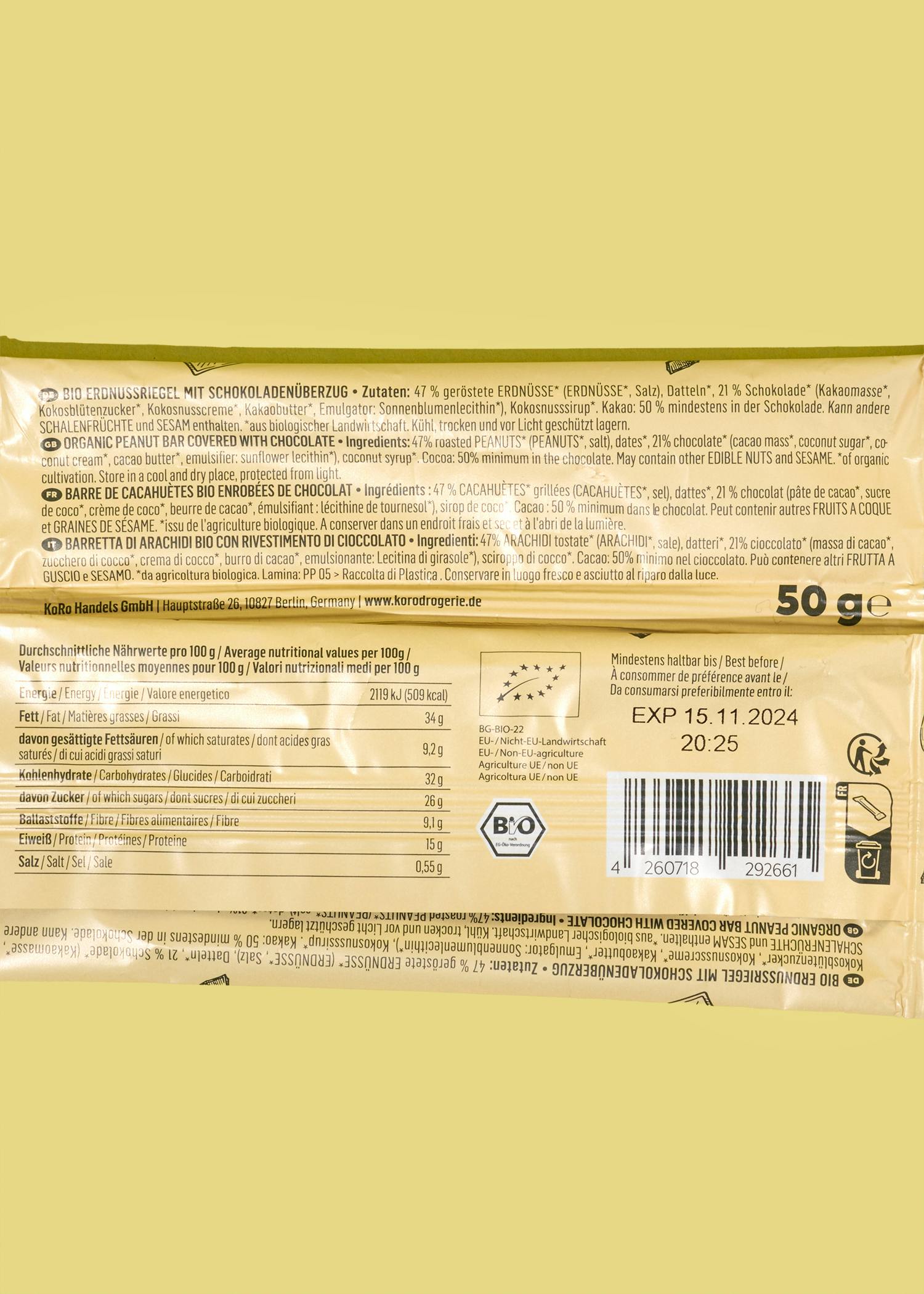 Bio Erdnussriegel mit Schokolade 50 g