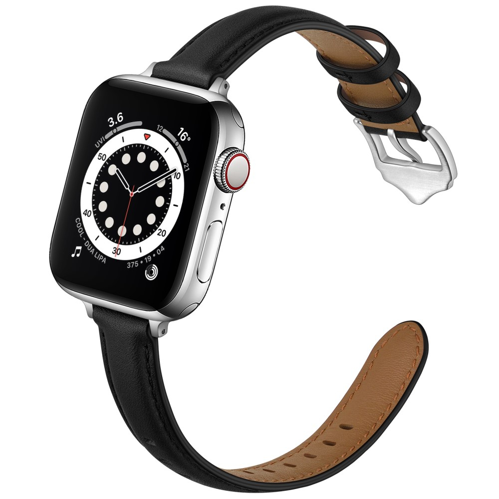 Apple Watch (42/41/40/38 mm) Echtleder Ersatz Armband mit Dornschliesse (Gelenkumfang 156-221 mm) - Schwarz / Silber