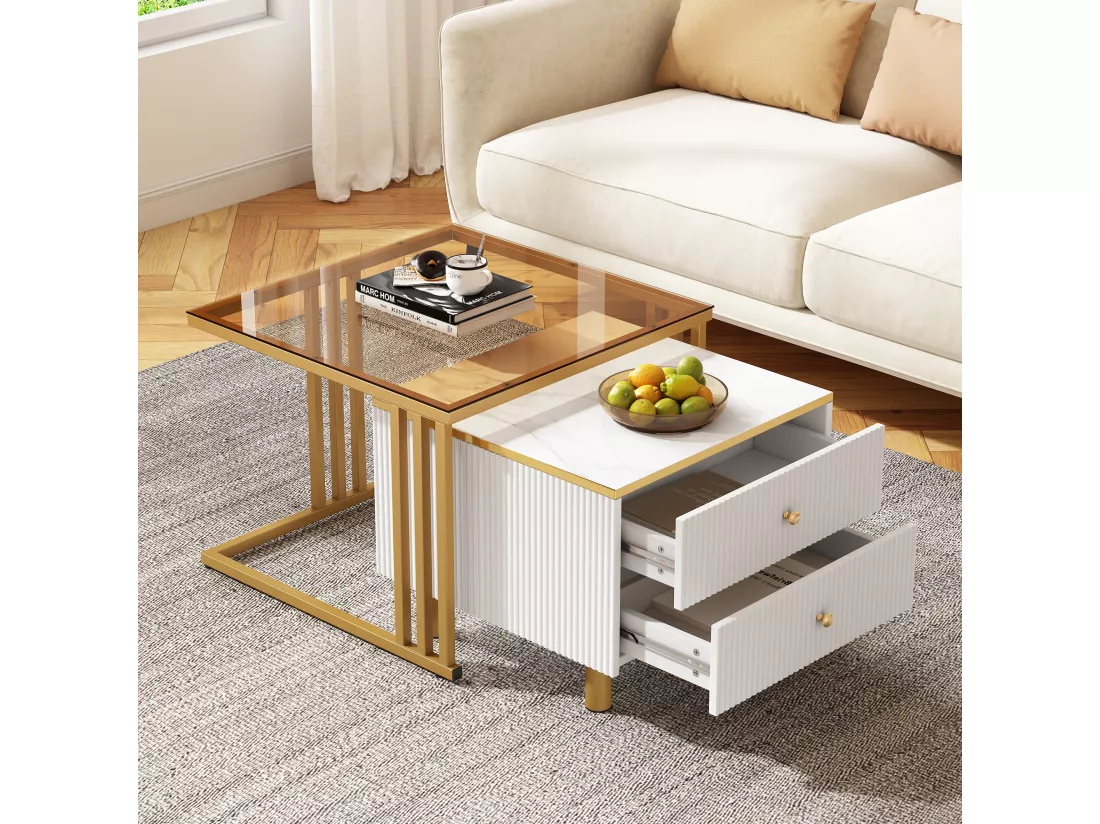 Lot de 2 tables basses gigognes carrées avec 2 tiroirs - 59,5x60x45,6cm + 50x50x40cm - Motif à marbre - Bois MDF et métal - Blanc + or