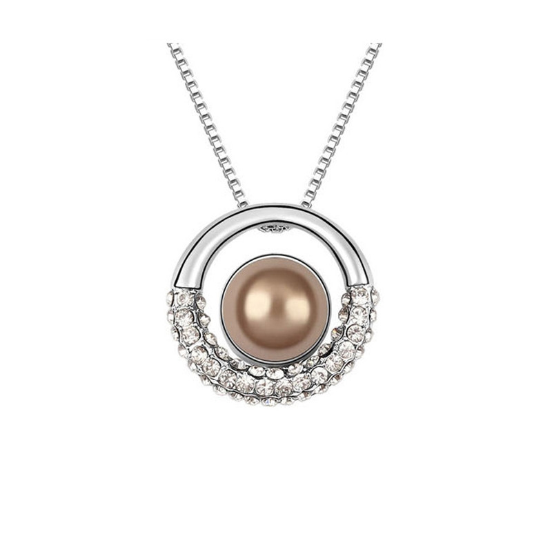 Pendentif Cercle Perle Marron et Cristal Blanc