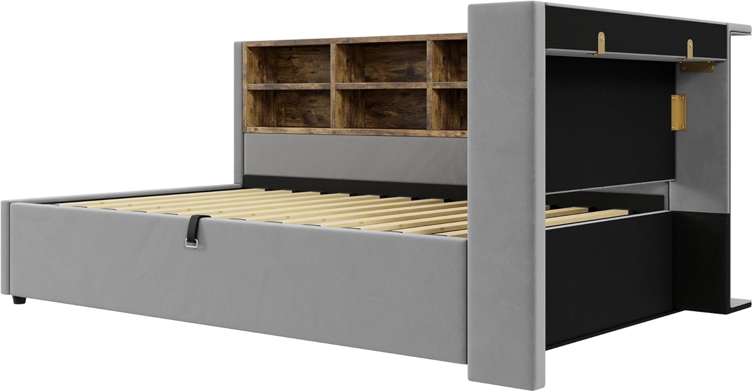 Azkoeesy Schlafsofa aus Samt 90 x 200 cm, Polsterbett mit Stauraum und Lattenrost | USB & Typ-C | Bettkasten & Staufächern | Nachtlicht | Hydraulischem Multifunktionsbett (Hellgrau, 90 x 200 cm)