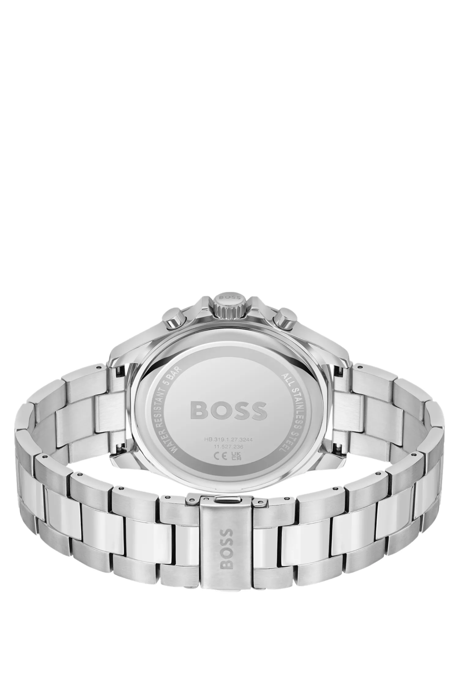 Relógio cronógrafo BOSS com mostrador preto e pulseira de elos.