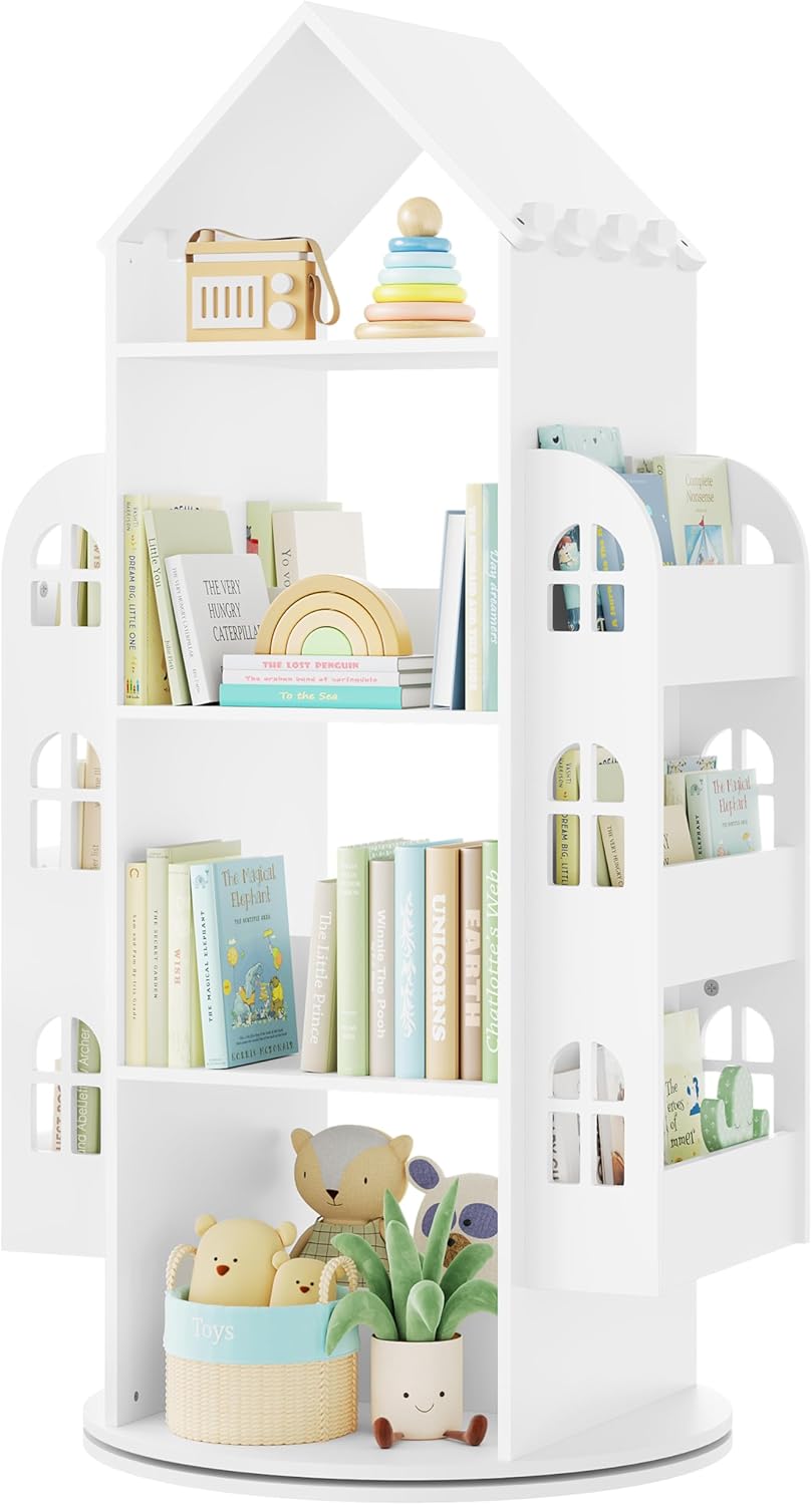 WOLTU Drehbares Bücherregal Kinder, Kinderregal Kinderbücherregal, Mit 4 Ebenen 2 Seitenregalen, Regal Hausform, 63x125x59 cm, Weiß