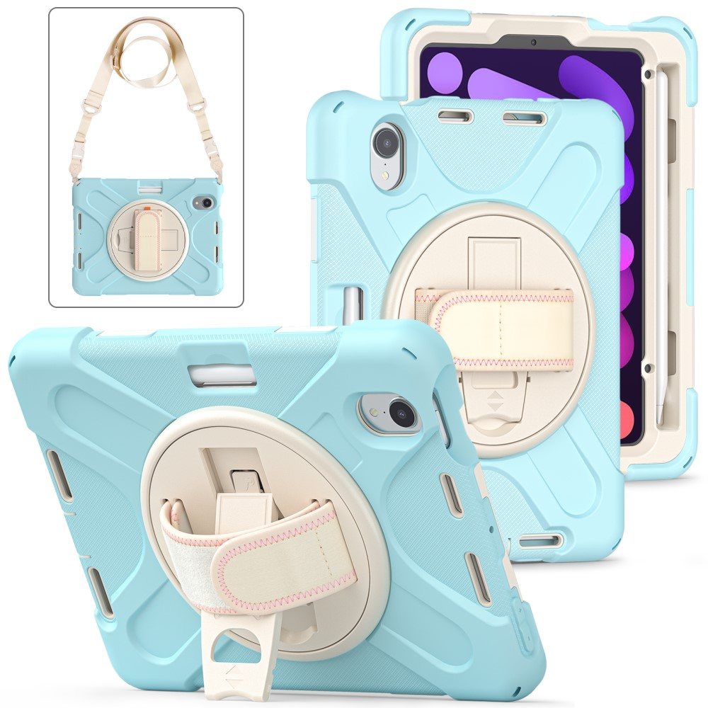 iPad Mini 7 (2024) / Mini 6 (2021) Hybrid Outdoor Silikon Case Hülle mit Aufsteller und Handschlaufe und Schultergurt - Hellblau