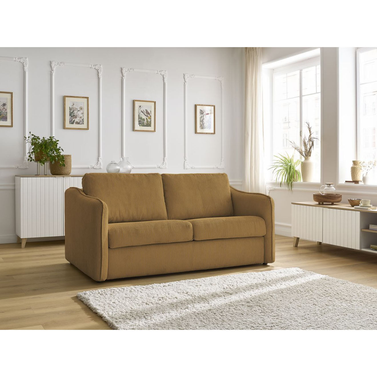 Bobochic Canapé droit convertible express en Velours côtelé 3 places Lenny jaune - 178x102x89 cm