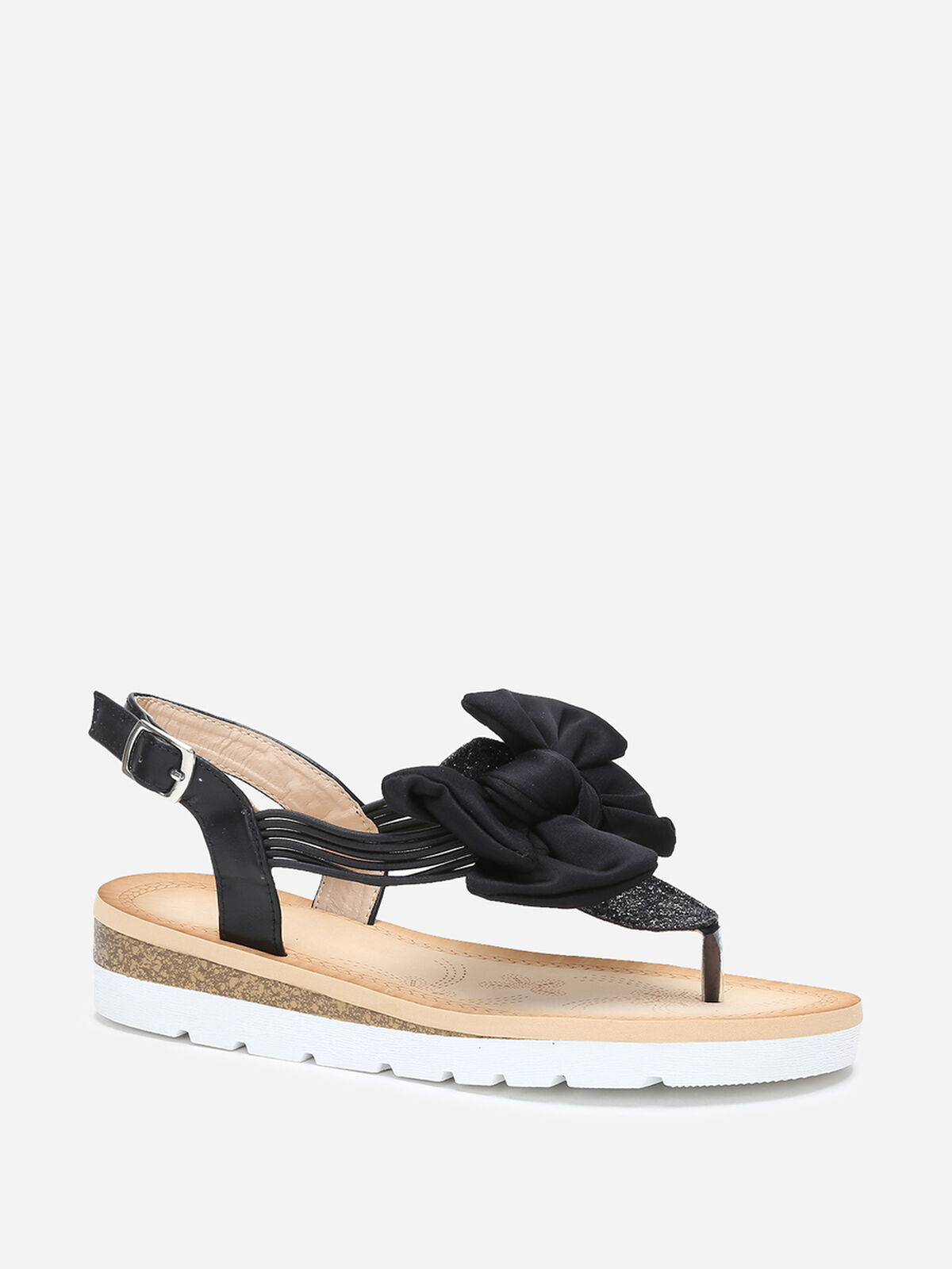 Nu-pieds à paillettes et noeud en tissu- Noir