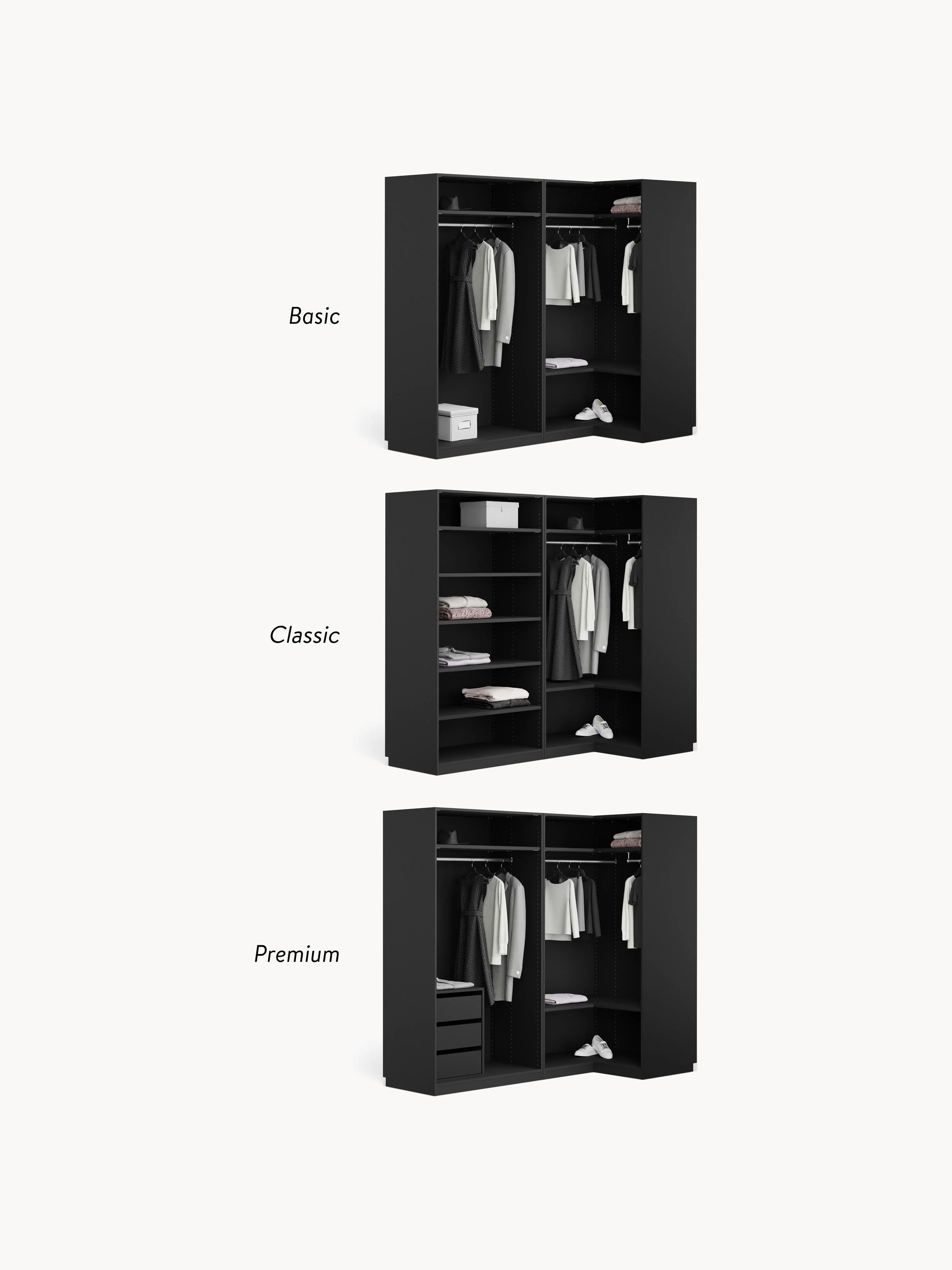Modulaire hoekkast Simone, 215 cm breed, diverse varianten