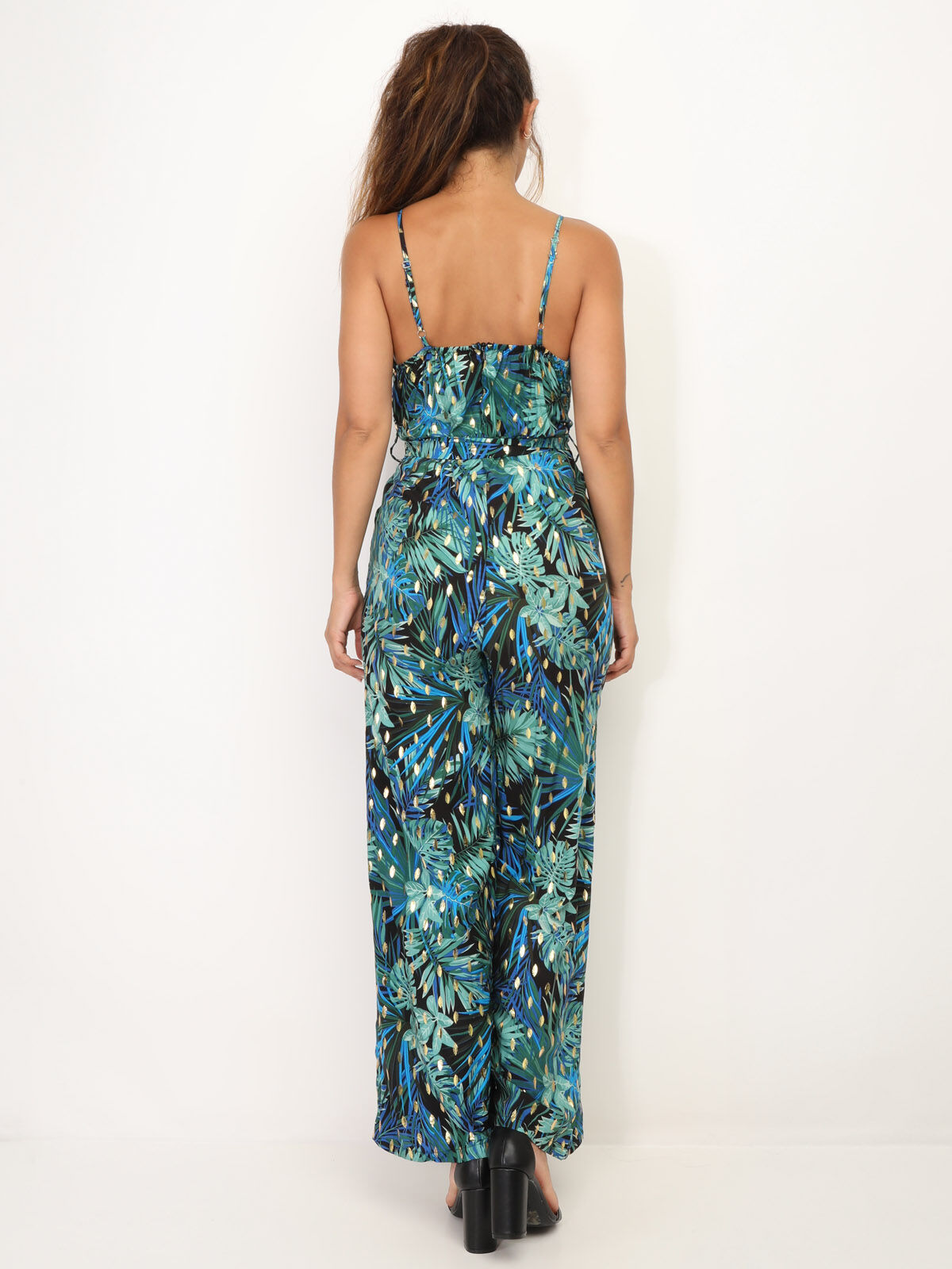 Combinaison à motif tropical et détails dorés- Bleu