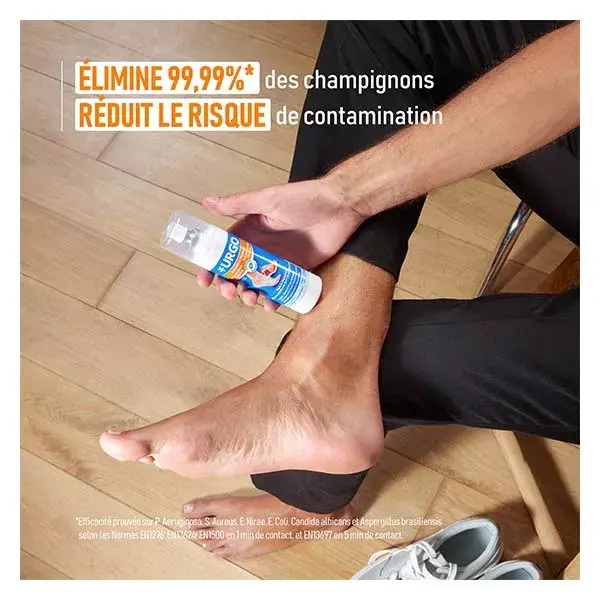 O spray Urgo para prevenção de infecções fúngicas higieniza e protege os pés e os calçados. 125ml