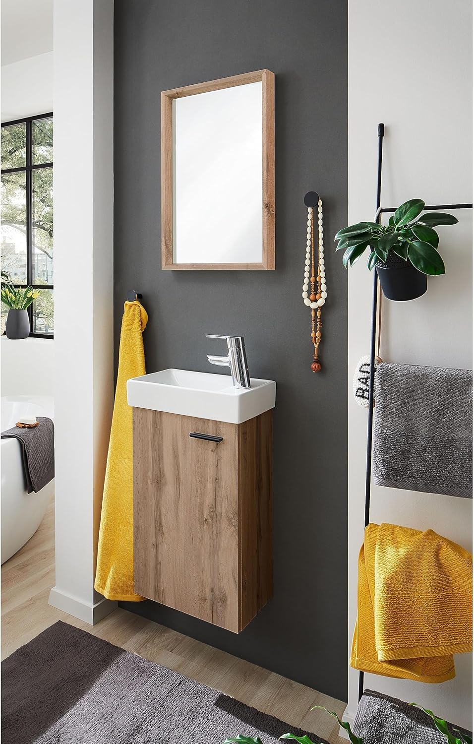 AMY Waschbecken mit Unterschrank und Spiegel in Wildeiche Optik - Kompakter Waschtisch ideal für Gäste WC - 41 x 165 x 23 cm (B/H/T)