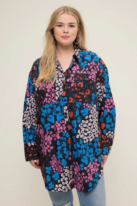 Hemdbluse, oversized, Flower-Muster, Knopfleiste, Hemdkragen