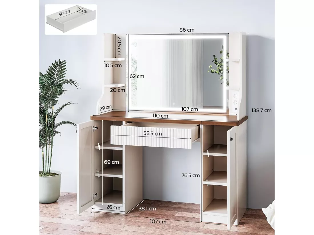 Coiffeuse avec Miroir LED à Luminosité Réglable,Dressing Table Moderne en Bois,Tiroir,3 Compartiments,110x40x138.5cm - Marron Vintage