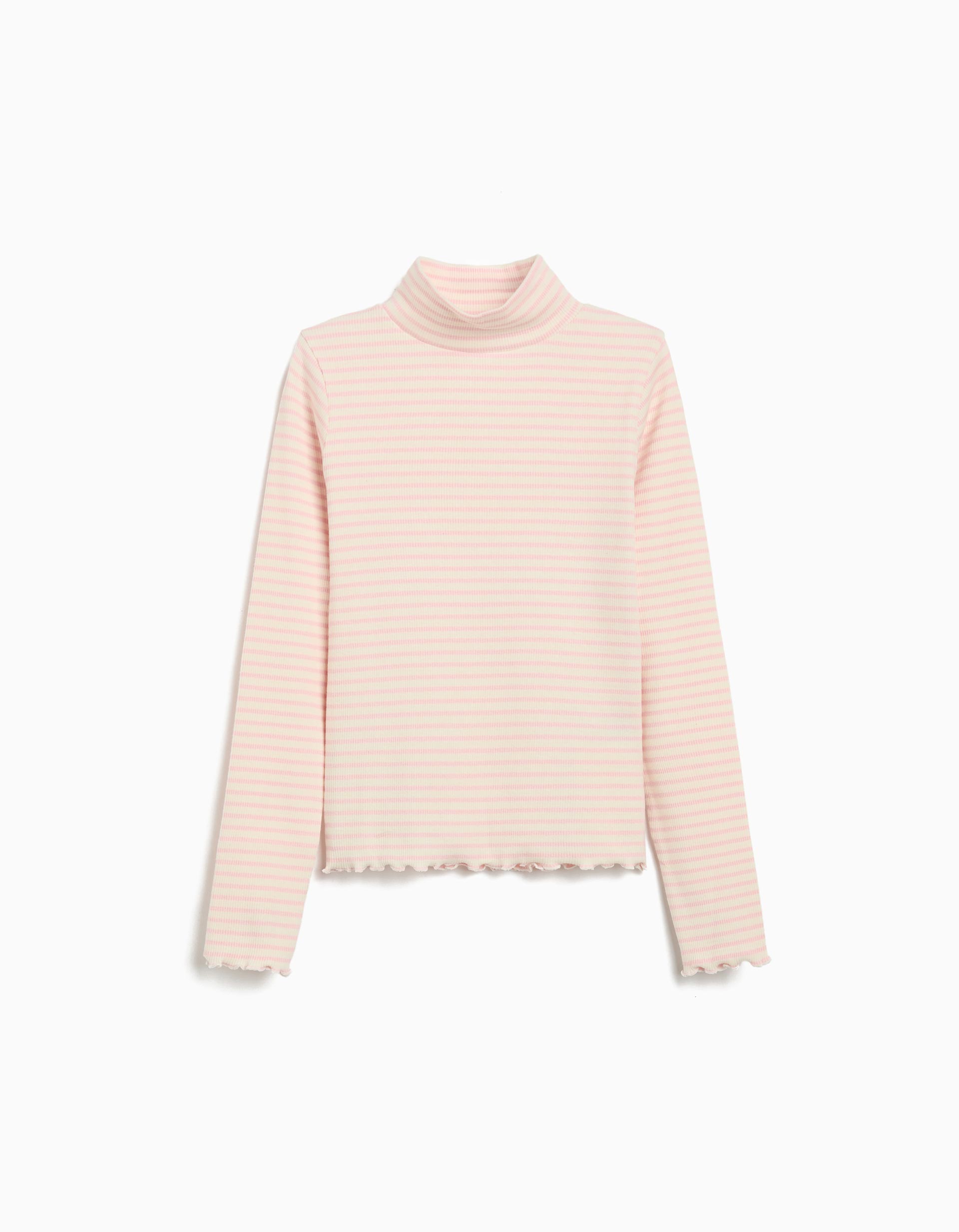 Camisola Riscas com Gola Alta, Menina, Rosa Claro