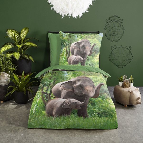 Muller Textiel Elephants Dekbedovertrek - Green - 140 x 220 cm