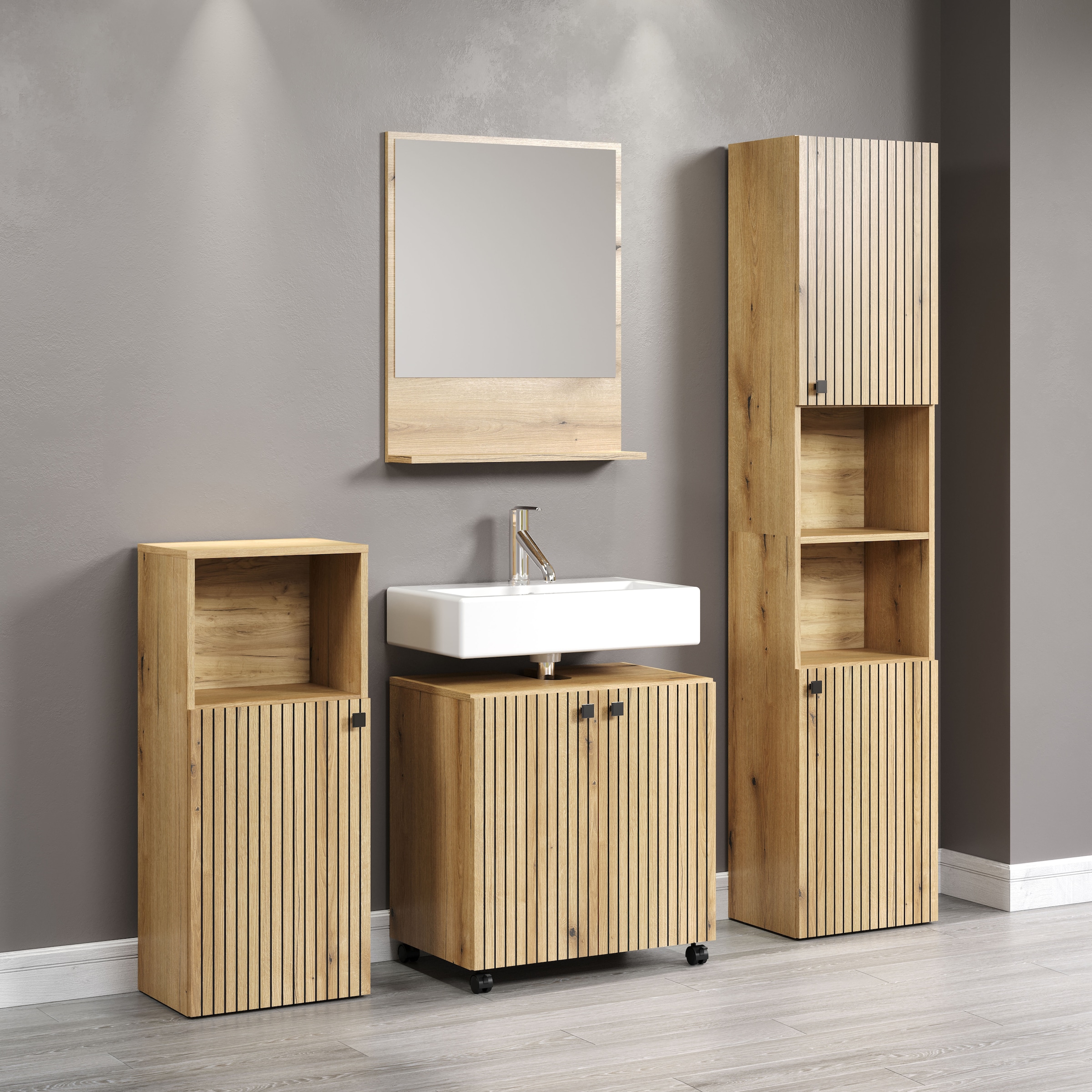 welltime Badmöbel-Set »Amrum Waschbeckenunterschrank Spiegel Hochschrank Badschrank« Komplett-Set, 4 Stk. tlg.