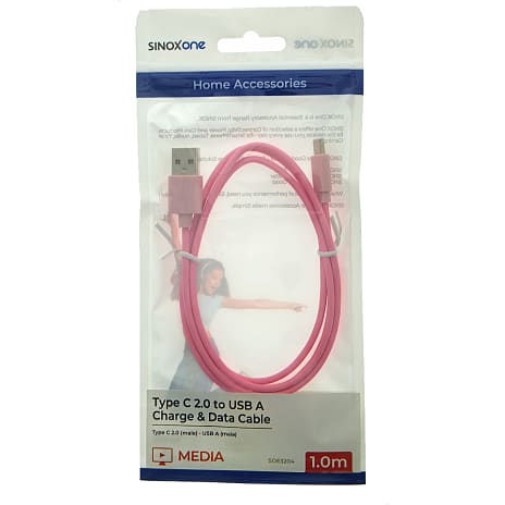 Sinox One USB C til USB A kabel. 1m. Pink