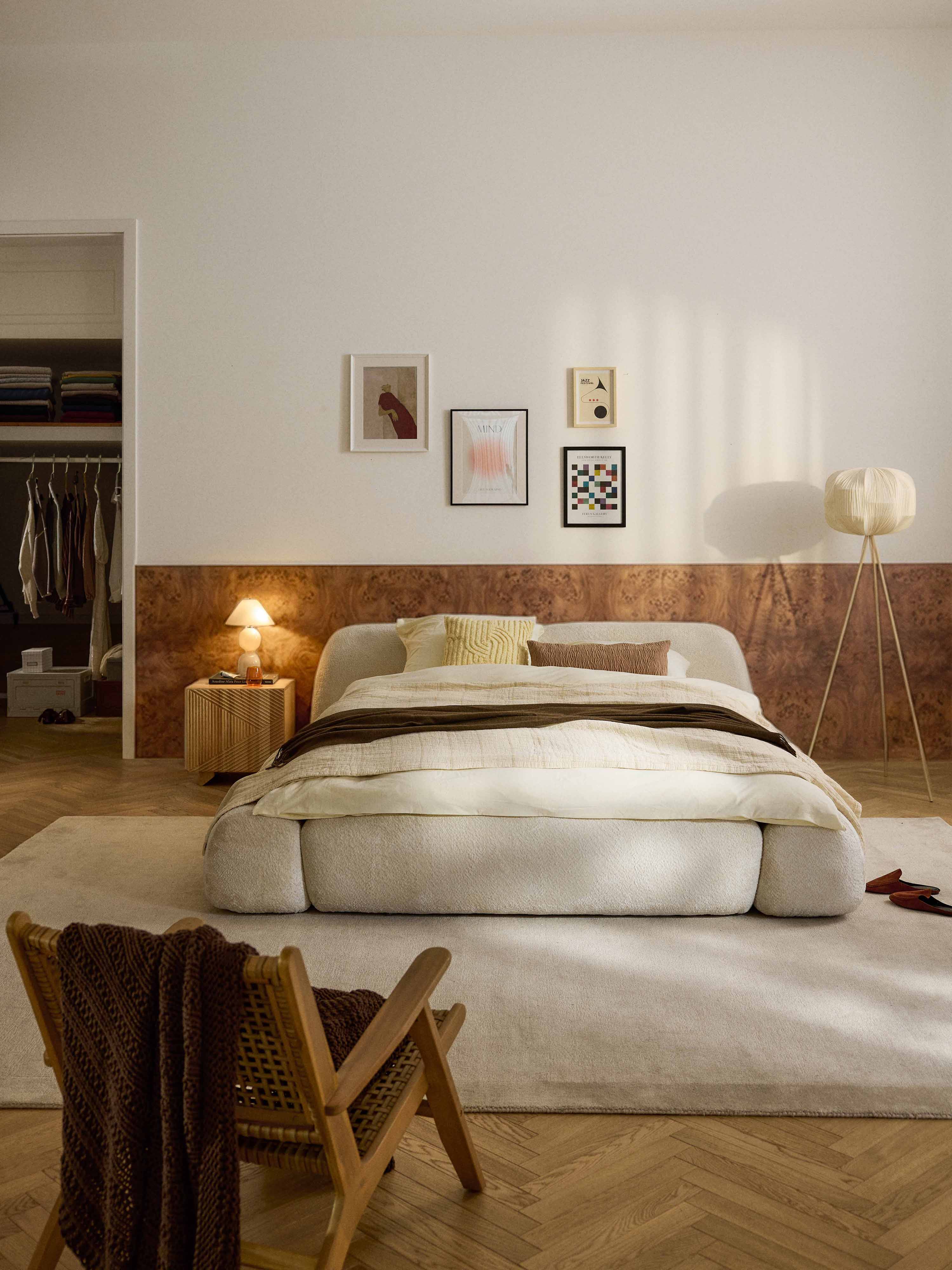 Gestoffeerd teddy bouclé bed Wolke met opbergruimte