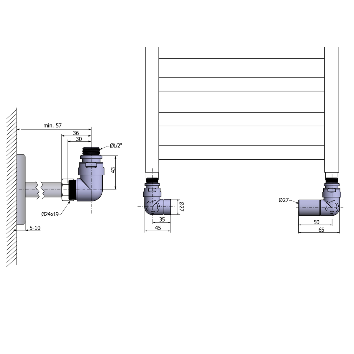 Sapho Corner Simply handdoekradiator aansluitset rechts chroom