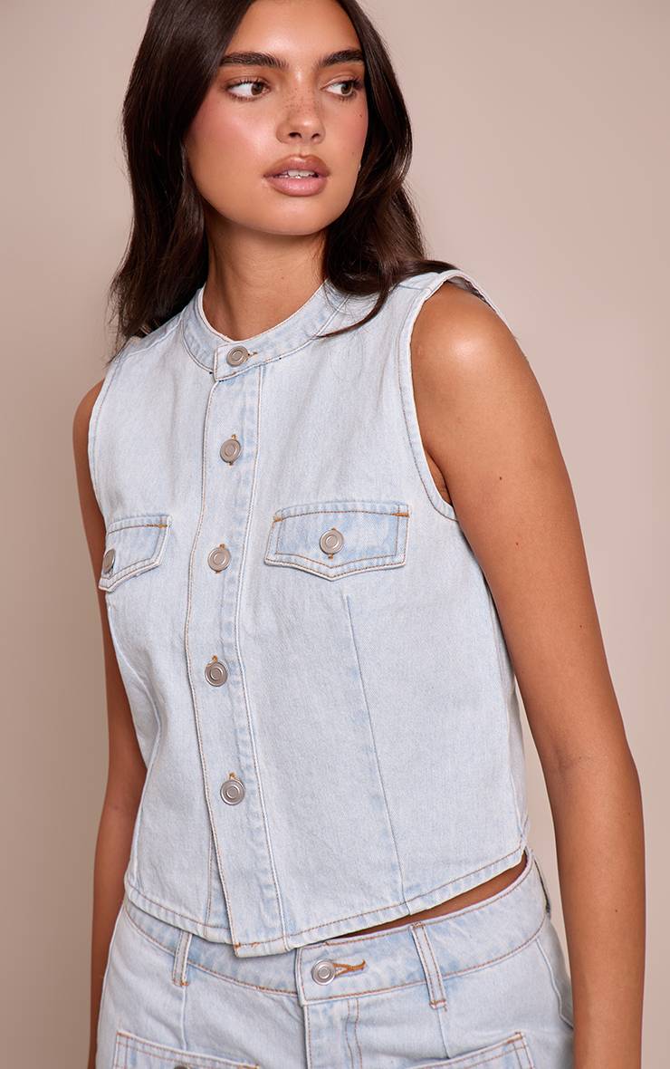 Bleu Clair Gilet En Jean Col Rond Taille Cintrée