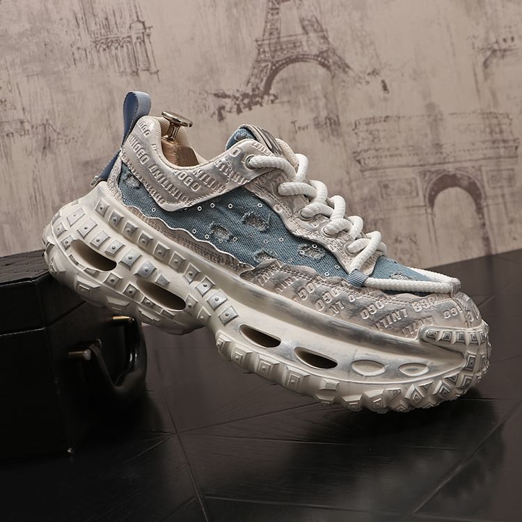 Mr Ozera - Platform Sequin Distressed Lace-Up Sneakers