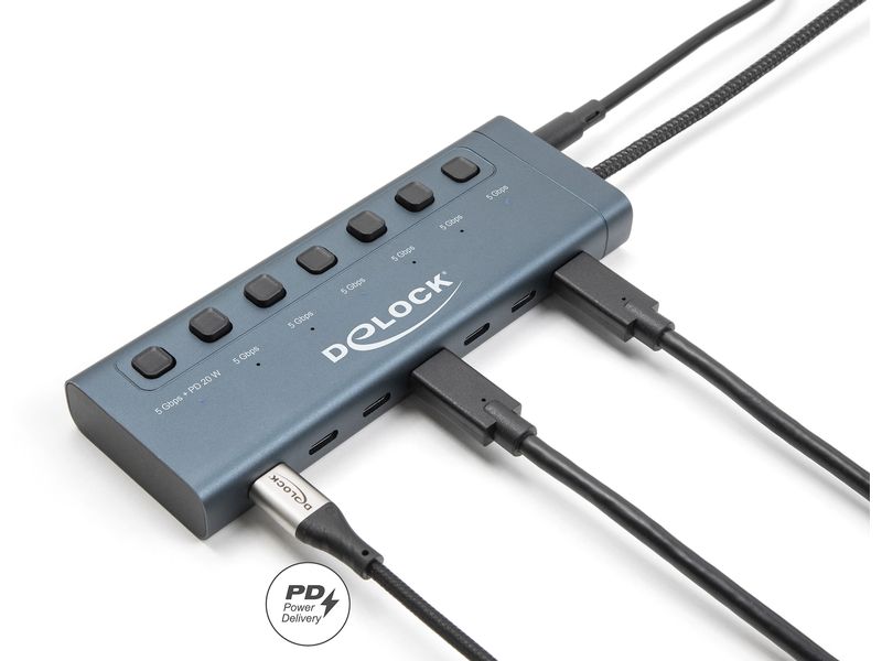 Delock USB 5 Gbps Hub USB-Hub mit 7 USB Type-C Ports, davon 6 Datenports   1 Daten/PD 20 Watt mit Schalter