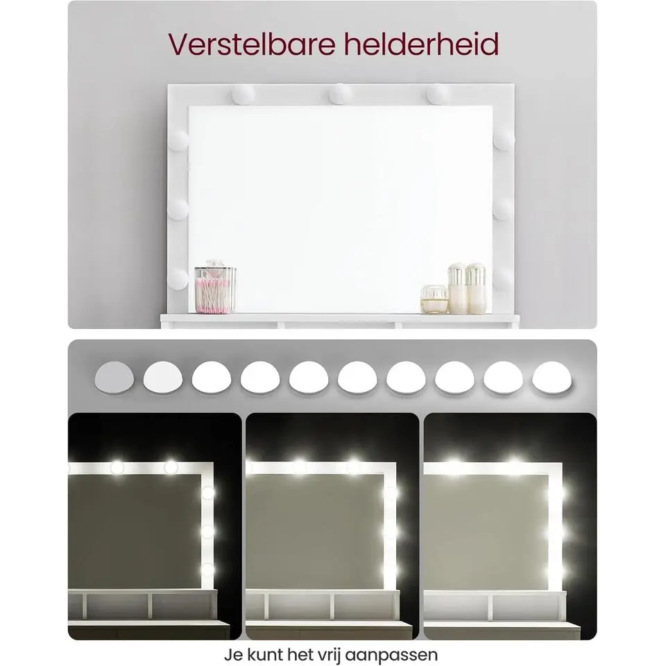 Bobbel Home - Witte Kaptafel - Rechthoekige spiegel - Gloeilampen