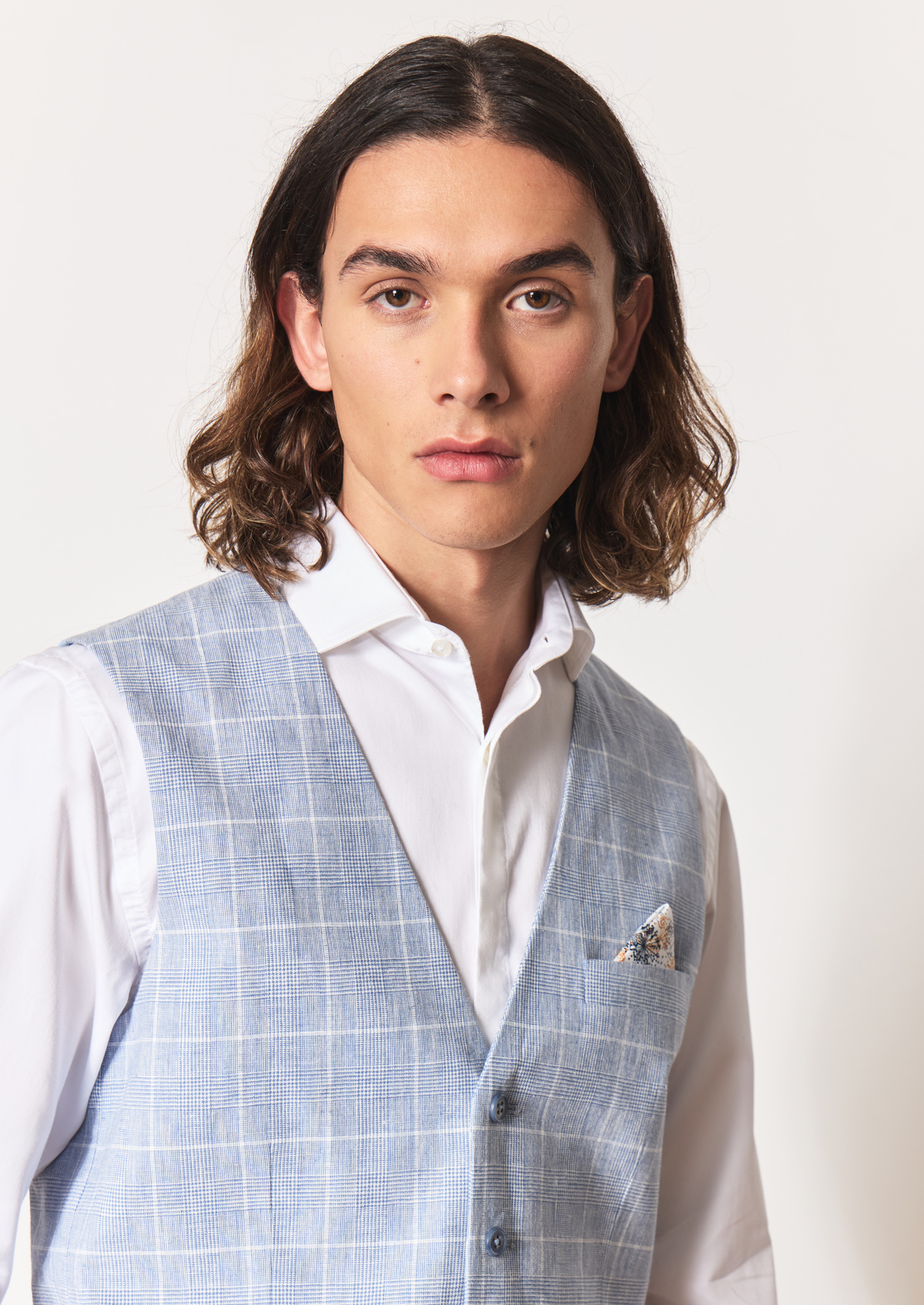 Gilet casual en lin et coton bleu glacier Prince de Galles