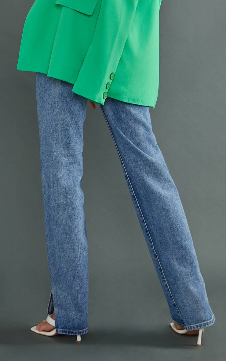 Bleu Jean Taille Haute Délavage Vintage Ourlet Fendu Coupe Longue