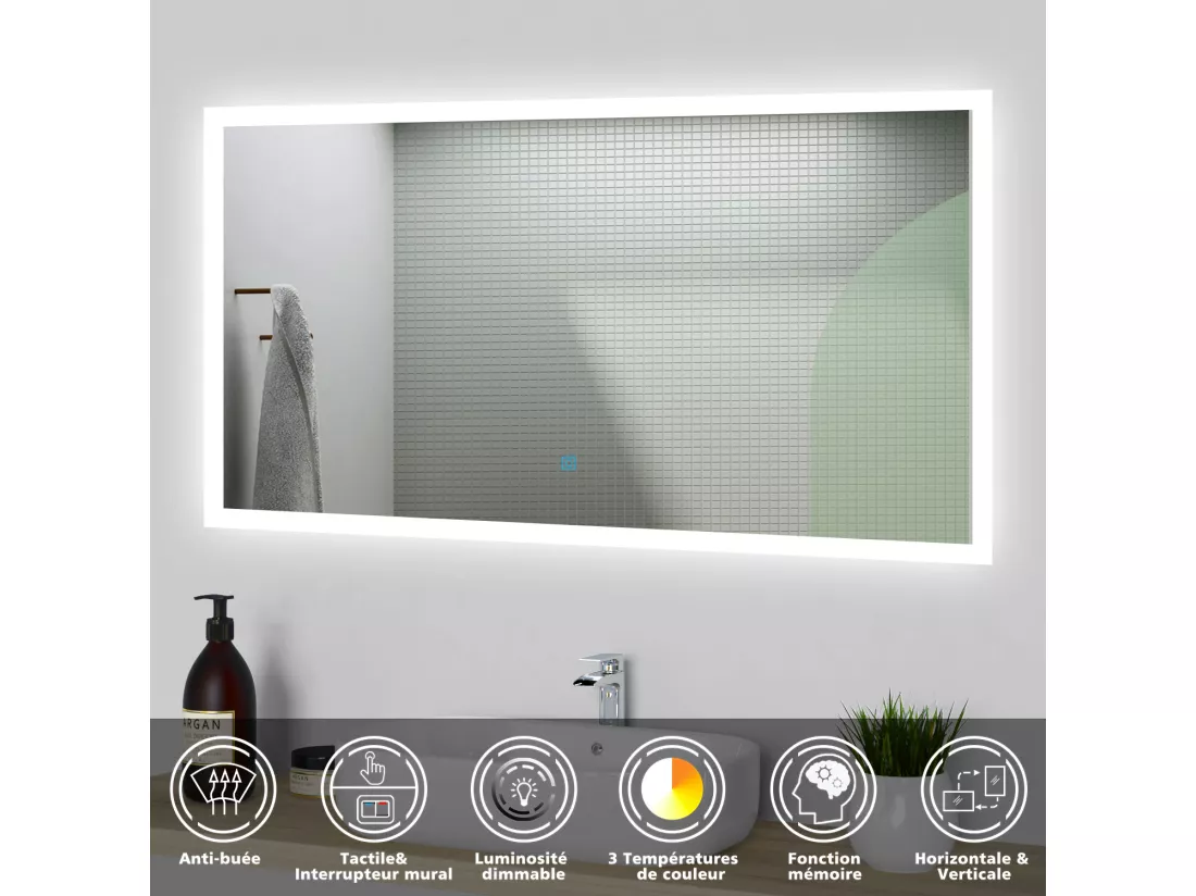 Miroir de salle de bain lumineux l.120 x H.70cm avec Anti-buée + 3 Couleurs + Dimmable, Mural Miroir lumineux - Aica