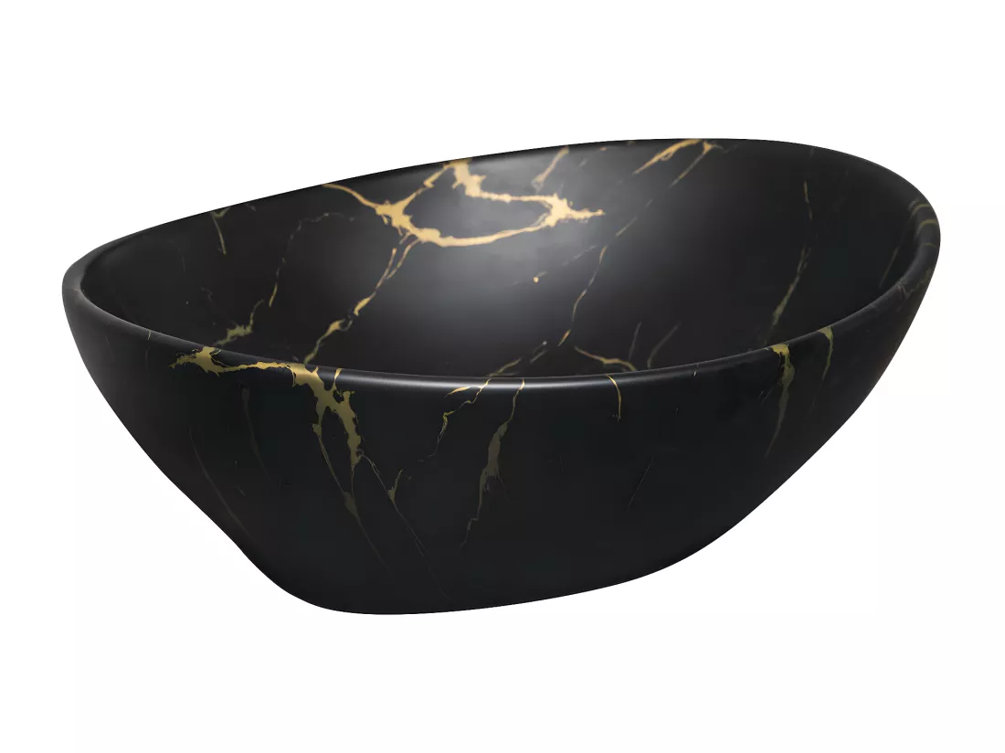 Vasque à poser ovale en céramique TANDILA noir mat marbré doré 41.5 x 33.5 cm