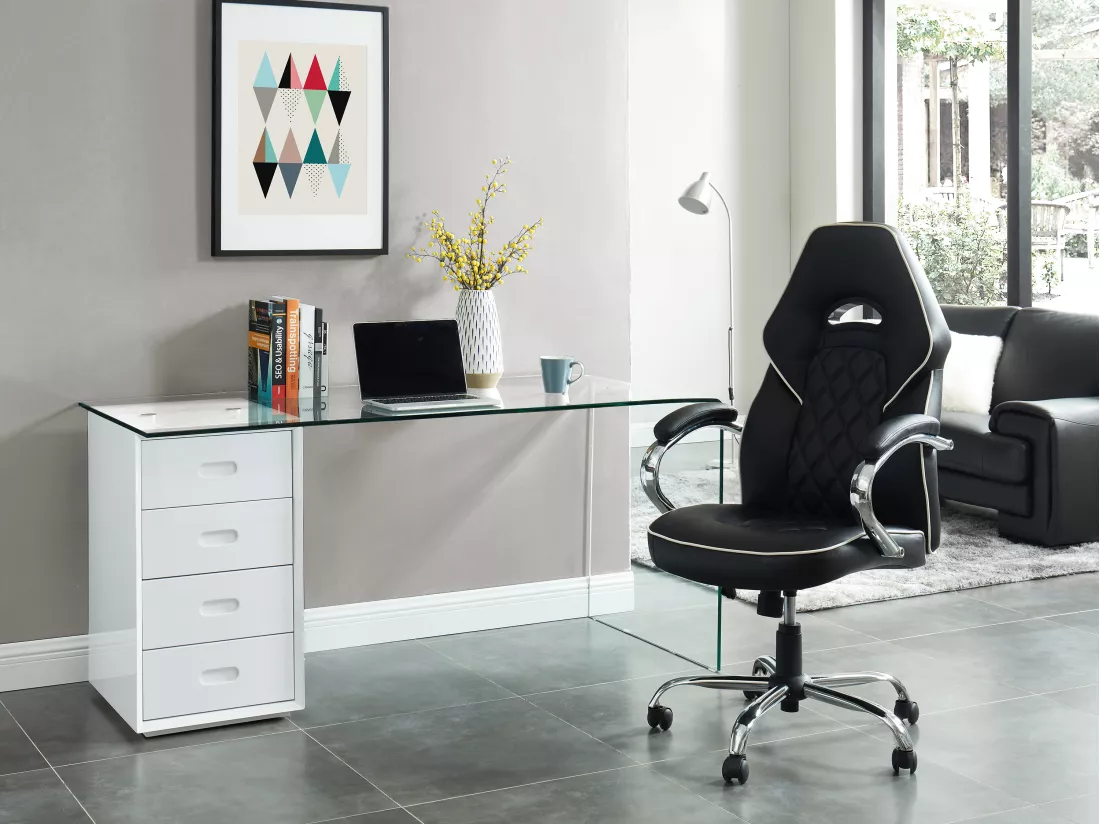 Bureau MURIEL avec rangements - 4 tiroirs - Verre trempé & MDF