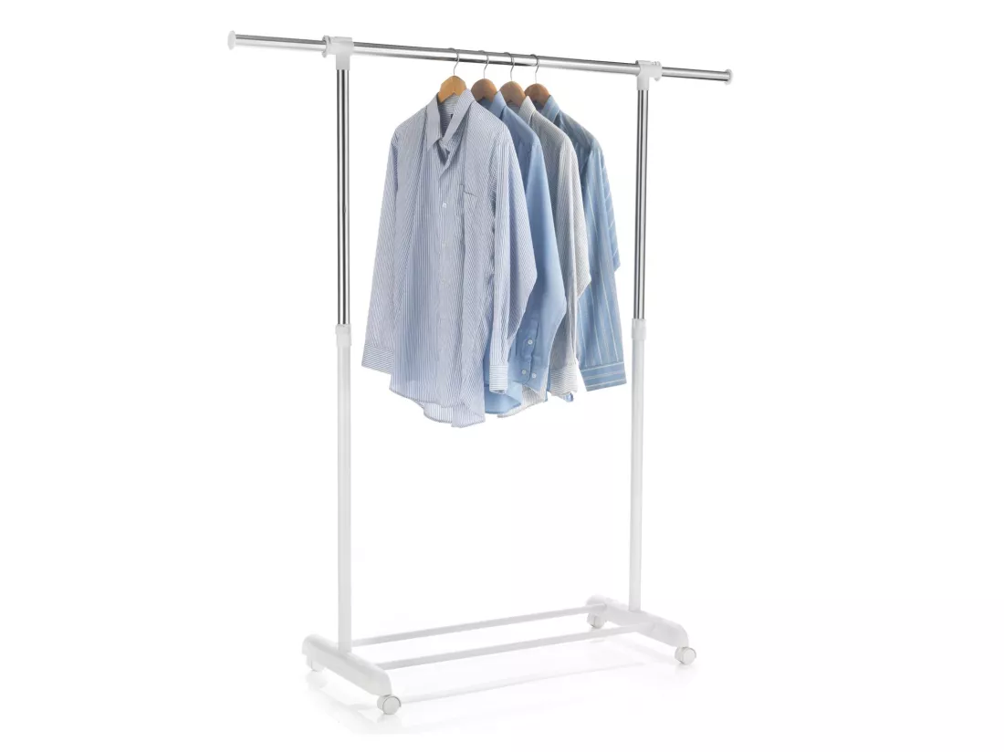 Portant à vêtements SALA en métal chromé et blanc, penderie simple sur roulettes avec 1 barre extensible hauteur réglable