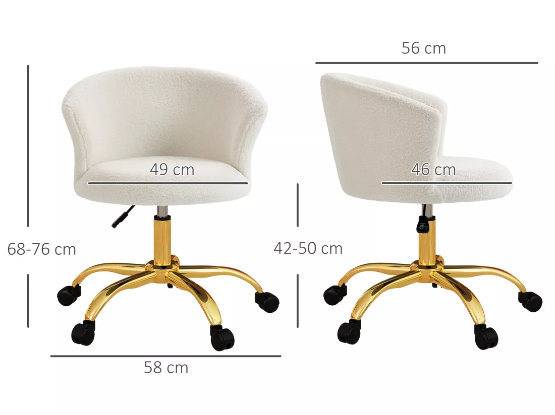 Chaise de bureau design - hauteur réglable, pivotante - piètement métal doré revêtement effet courte laine bouclée