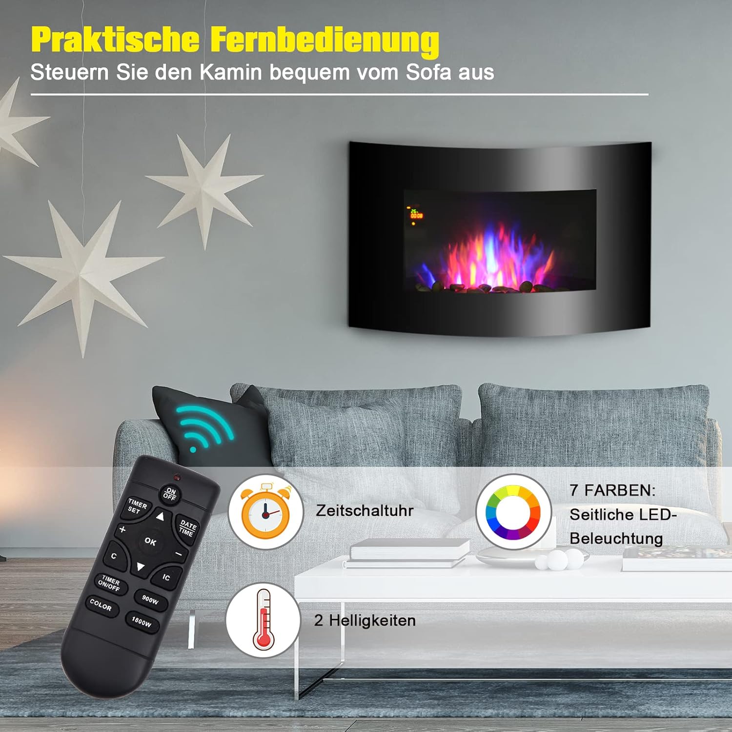 HOMCOM Elektrokamin Kamin Kaminofen Elektrischer 2 Leistungsstufen einstellbar 900/1800 W LED 65 x 11,4 x 52 cm Edelstahl Schwarz