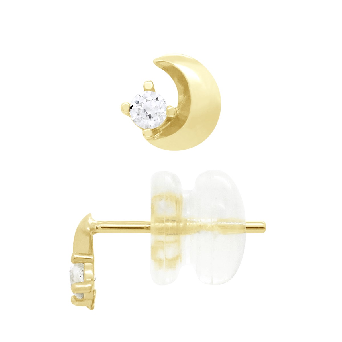 Boucles d'Oreilles - Lune Ornée d'un Oxyde de Zirconiums  - Or Jaune