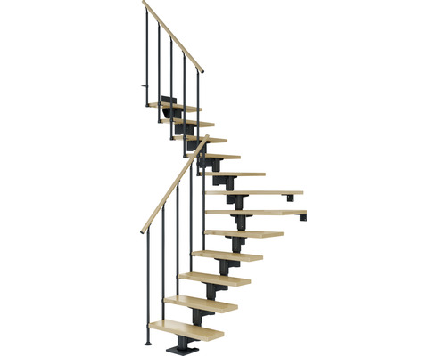 Pertura Chiron Antraciet Middentrap, Kwartslag, Linksonder/Rechtsonder 75 cm, Balustrade van esdoorn gelamineerd hout, Gelakt, 11 Treden / 12 Stootborden