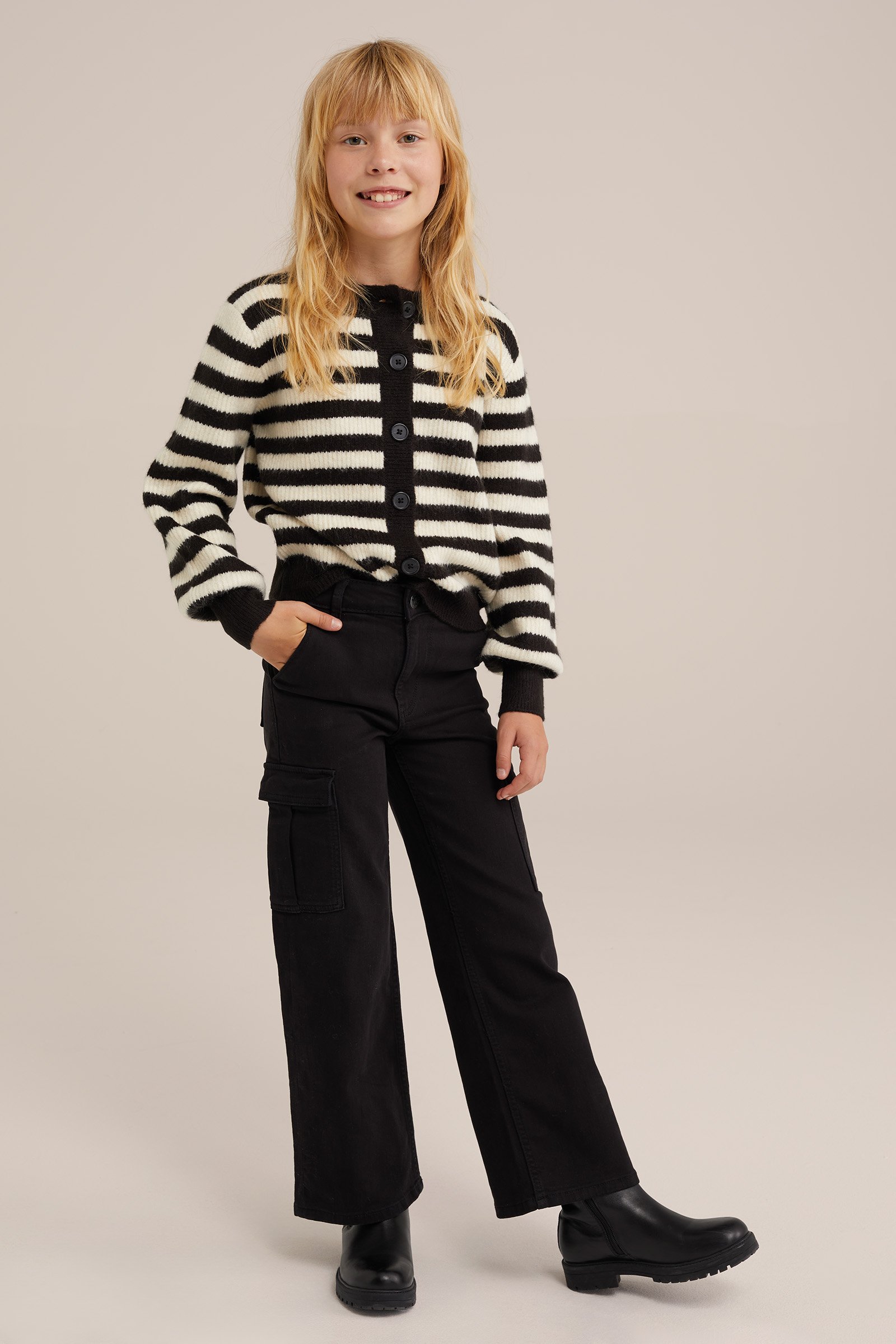 Meisjes wide leg cargobroek met stretch Blue Ridge Zwart