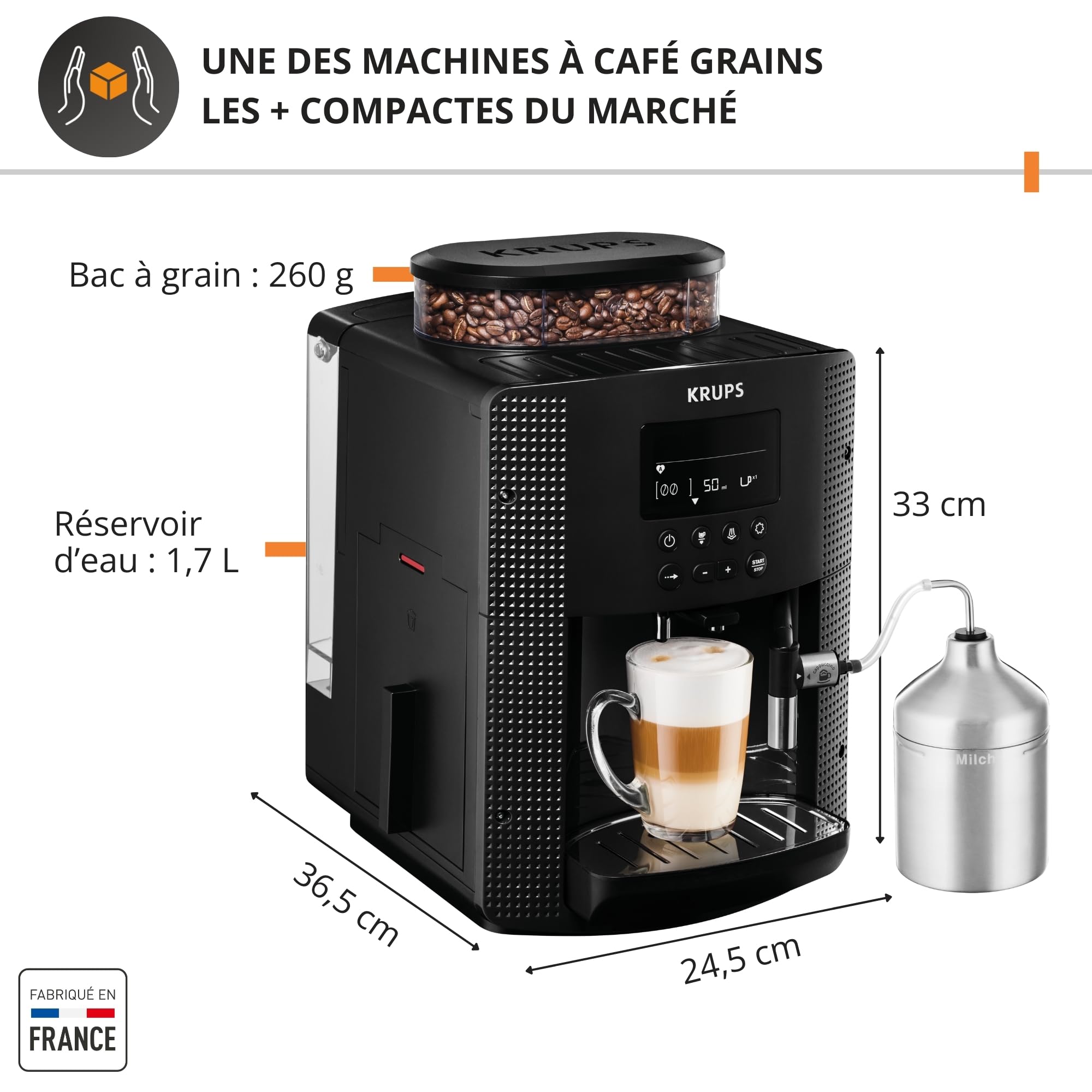 Krups Essential, Machine à café grain, Expresso automatique, 2 tasses simultanées, Ecran LCD, Nettoyage automatique, Buse vapeur, Pot à lait inox Capp