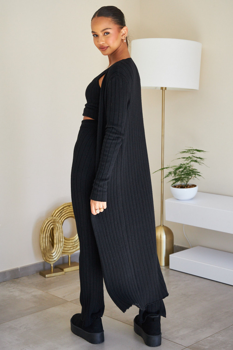 Ensemble 3 pièces gilet + top + pantalon noir côtelé