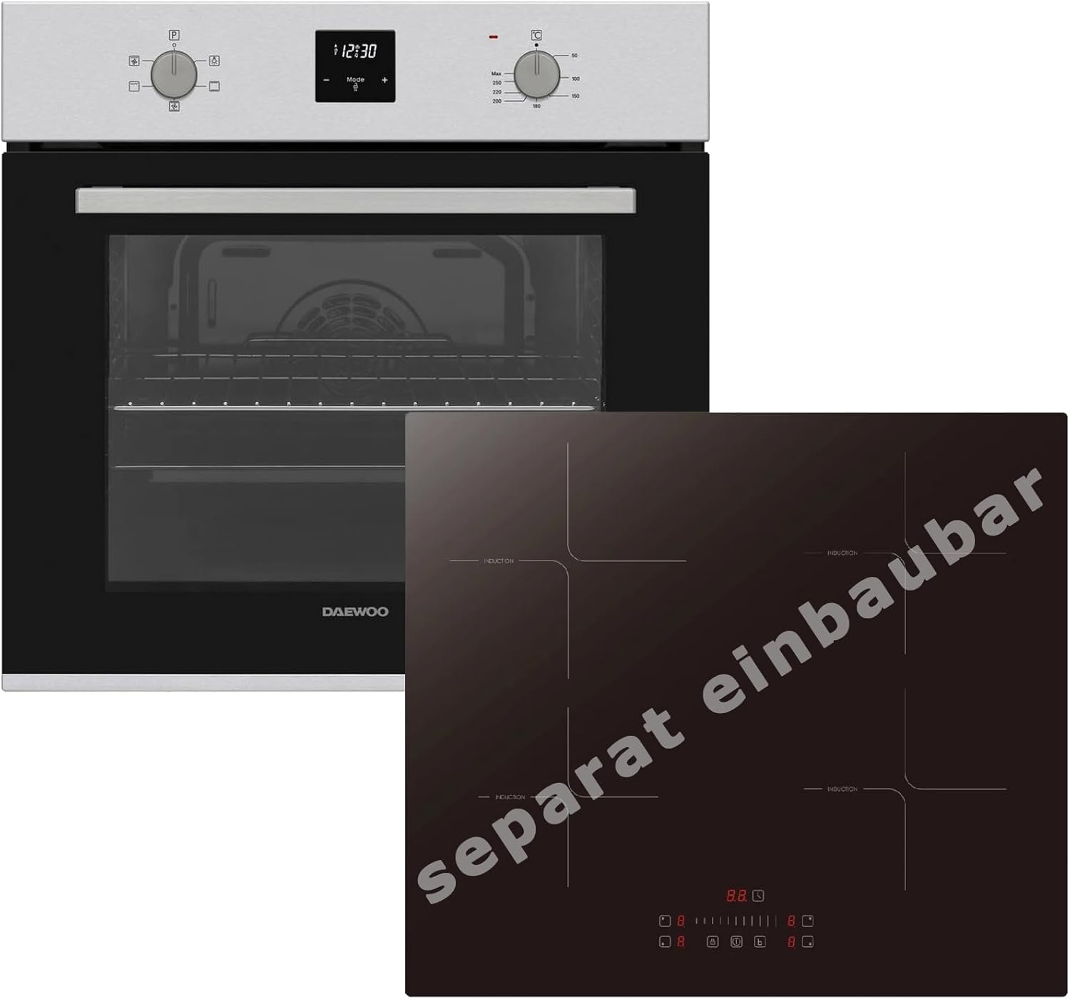 Einbauherd Set Backofen 69L Umluft 60cm Induktiosnkochfeld autark Slider Touch Booster Funktion AntiFingerPrint Oberfläche Display mit Uhr und Timer