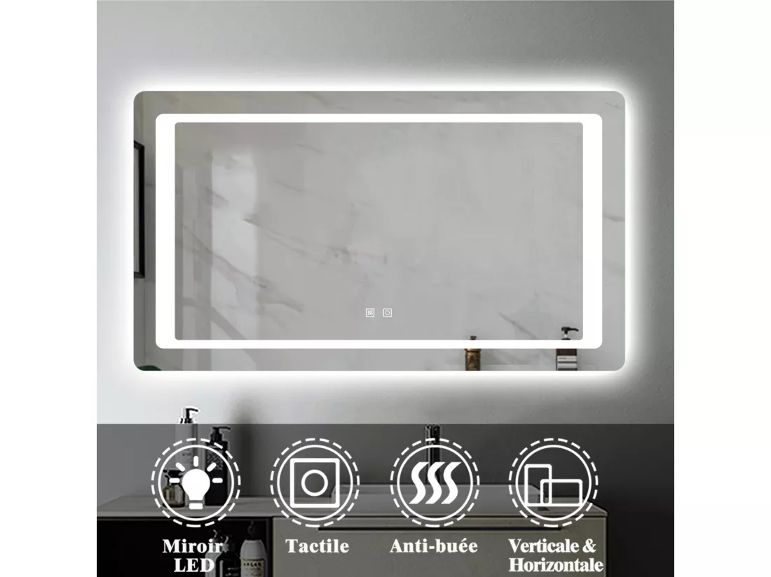 Miroir de Salle de Bain Anti-buée Miroir Lumineux LED à Double Contrôle 120 * 70cm Aica
