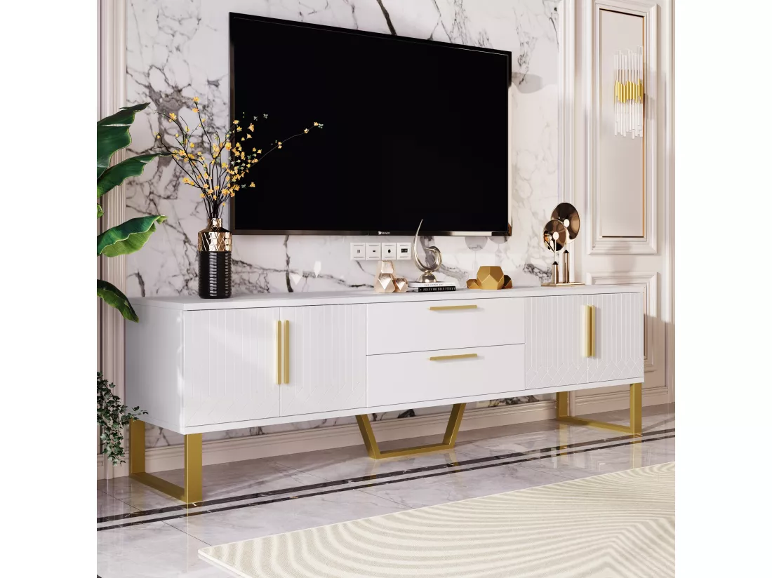 Meuble TV blanc brillant motif gravé avec poignées et pieds dorées 170*40*53cm YAURNUD WHITE