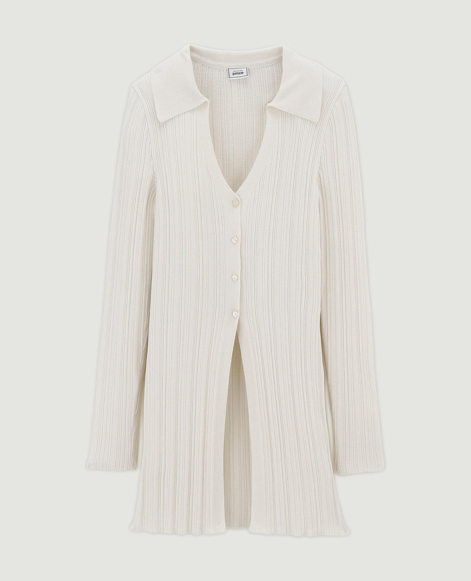 Gilet long en maille côtelée col polo - Écru