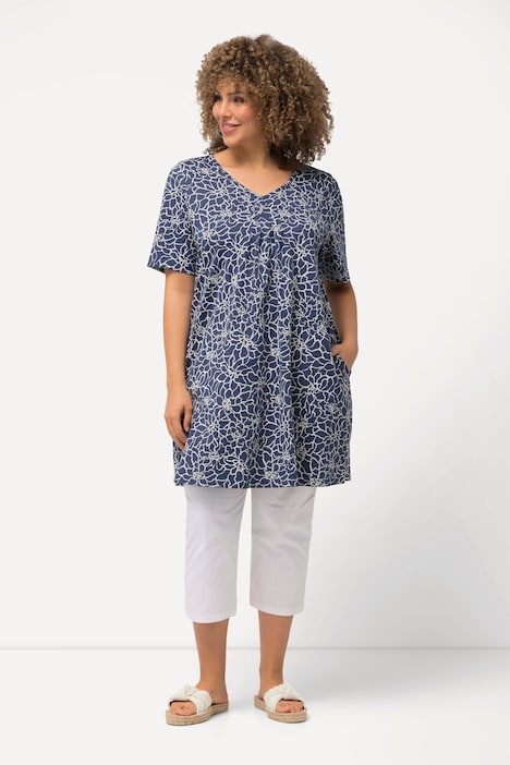 Longshirt, Zierfalten, A-Linie, V-Ausschnitt, Halbarm